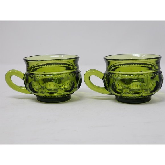 2 Vintage Indiana Glass Avocado Green Kings Crown Thumbprint Coffee/Tea Cups - Picture 3 of 11